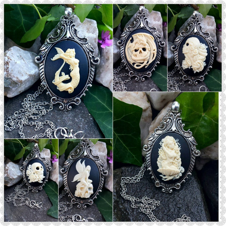 Day of the dead cameo necklace sugar skull gothic necklace gothic jewelry victorian necklace skeleton hand heart dragon halloween costume
