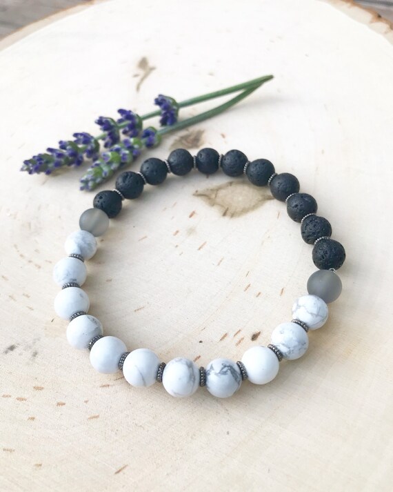 Essential Oil Diffuser Bracelet- Yin and Yang - Howlite and Lava Bead Bracelet- Holistic Jewelry- Healing Jewelry