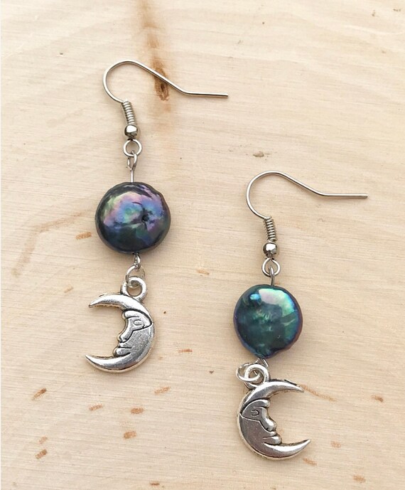 Crescent Moon Earrings- Pearl Earrings- Silver Moon Earrings- Fresh Water Pearl Earrings- Peacock Pearl Earrings