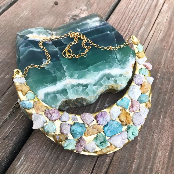 Mermaid necklace- Druzy Bib Necklace- Rainbow colors- Rainbow Quartz- Mermaid encrusted necklace- Druzy Necklace- Aura Quartz Necklace