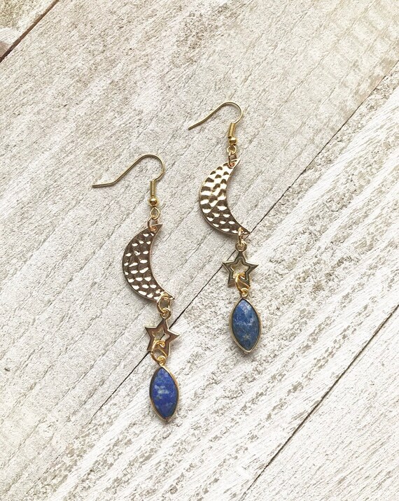 Crescent Moon Earrings- Moon and Star Earrings- Lapis Gemstones- Crystal Earrings- Galaxy Jewelry