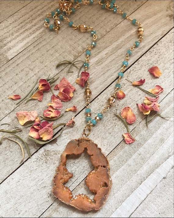 Huge Peach Druzy Necklace- Peach Quartz- Swarovski Crystals- Druzy Jewelry- Wire Wrapped Jewelry