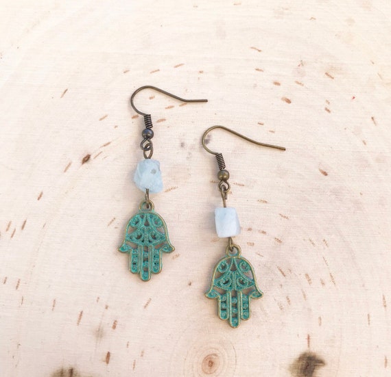 Hamsa Earrings- Aquamarine Earrings- Gemstone Earrings- Hamsa Jewelry