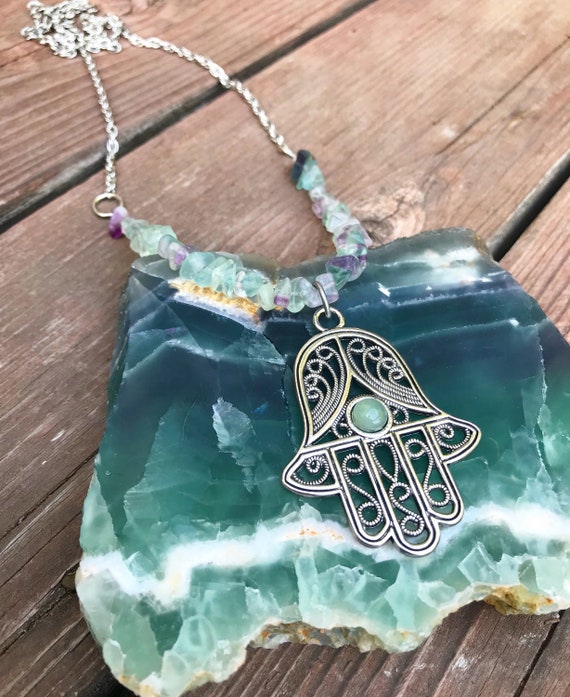Fluorite Hamsa Necklace- Hamsa Necklace- Silver Hamsa- Fluorite Jewelry