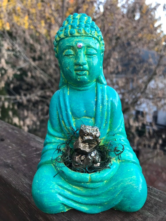 Buddha Statue- Turquoise -Green Buddha- Home Decor- Crystal Buddha- Pyrite- Altar Buddha
