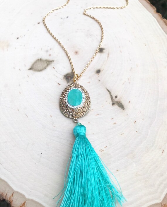 Chrysoprase Tear Drop Pendant with Swarovski Crystals- Tassel Necklace- Mint Stone Jewelry- Gold Crystals- Gold Necklace