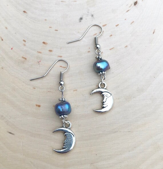 Crescent Moon Earrings- Fresh Water Pearl- Silver Moon- Peacock Pearl Earrings- Moon Jewelry