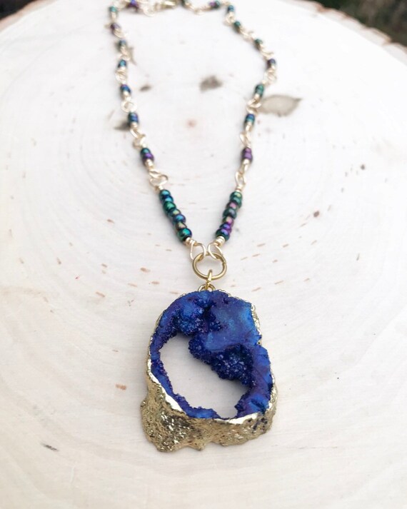Royal Blue Druzy Necklace- Electroplated Gold Druzy- Blue Druzy- Quartz Druzy Necklace- Rosary Style Chain