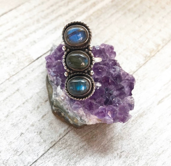 Triple Stone Labradorite Ring- Sterling Silver Ring- Statement Ring- Labradorite