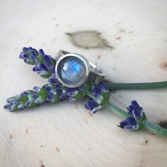 Rainbow Moonstone Sterling Silver Ring- Decorative band- Size 7- Statement Ring