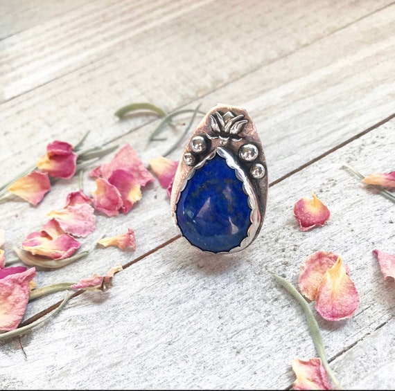 Super BLUE Lapis Lazuli Lotus Ring- Lotus Jewelry- Silver Lotus Ring