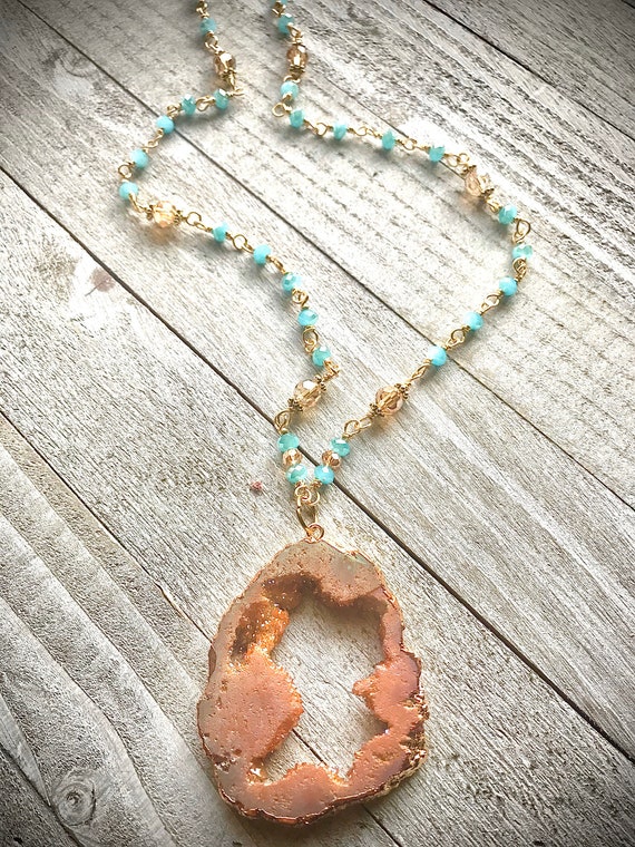Huge Peach Druzy Necklace- Peach Quartz- Swarovski Crystals- Druzy Jewelry- Wire Wrapped Jewelry