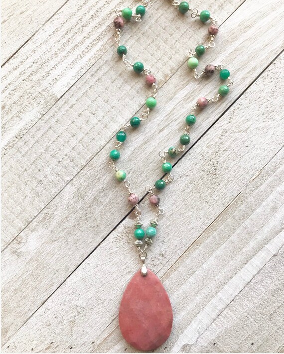 HUGE Rhodonite Tear Drop Necklace- Rosary Style Necklace- Agate Beads- Rhodonite Jewelry