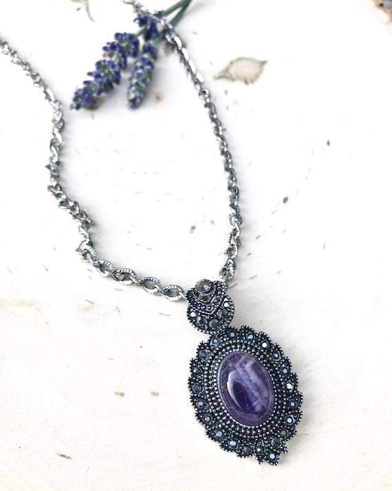 Chevron Amethyst and Marcasite Pendant- Amethyst Jewelry- February Birthstone- Amethyst Necklace