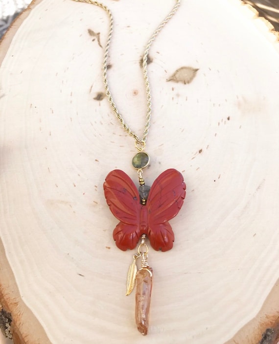 Huge Jasper Butterfly Necklace- Butterfly Jewelry- Jasper Necklace- Labradorite Jewelry- Gold Necklace- Crystal Butterfly