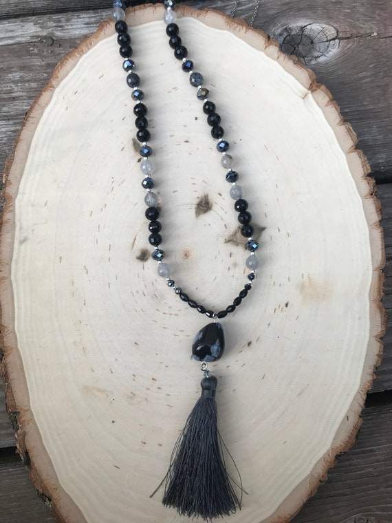 Snowflake Obsidian Beaded Tassle Necklace- Swarovski Crystal Necklace- Gemstone Necklace