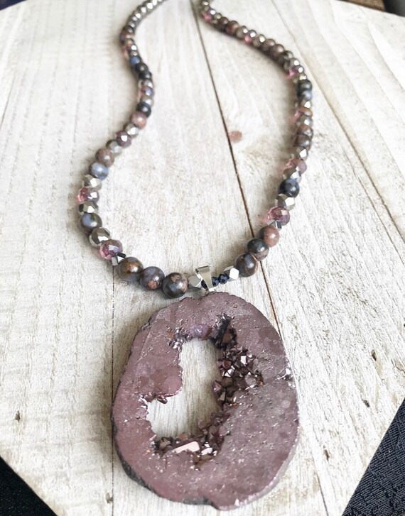 NEW Listing! OPAL Neclace- Huge Quartz Necklace- Smokey Quartz Druzy Pendant- OPALS