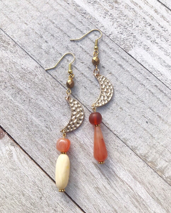Crescent Moon Earrings- Carnelian Earrings- Moon Jewelry- Gemstone Jewelry- Mismatched Earrings-Moon Earrings