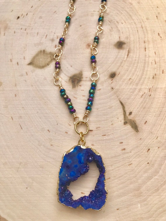Royal Blue Druzy Necklace- Electroplated Gold Druzy- Blue Druzy- Quartz Druzy Necklace- Rosary Style Chain