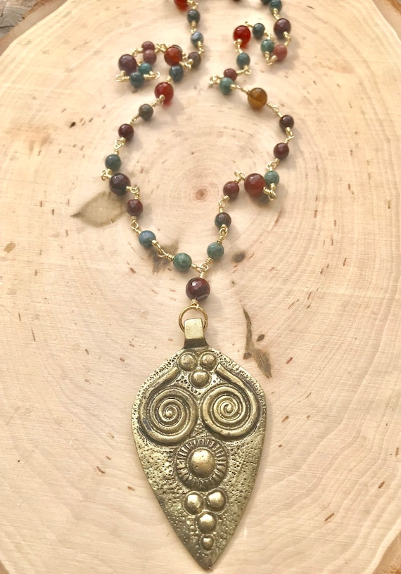 Brass Tribal Pendant Necklace- Fire Agate Necklace- Brass Necklace- Rosary Necklace