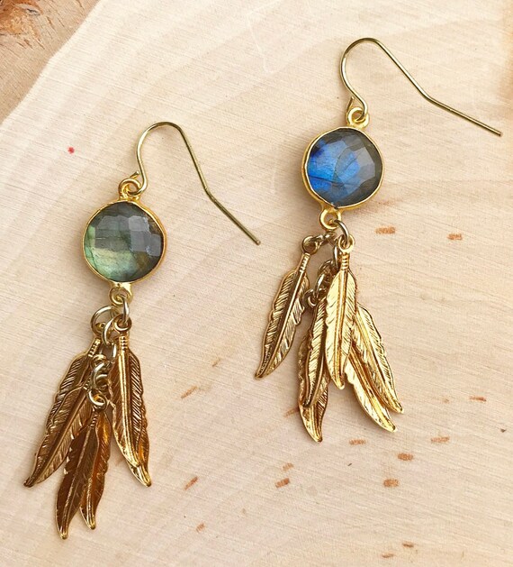 Labradorite Earrings- Gold Earrings- Feathers- Feather Jewelry
