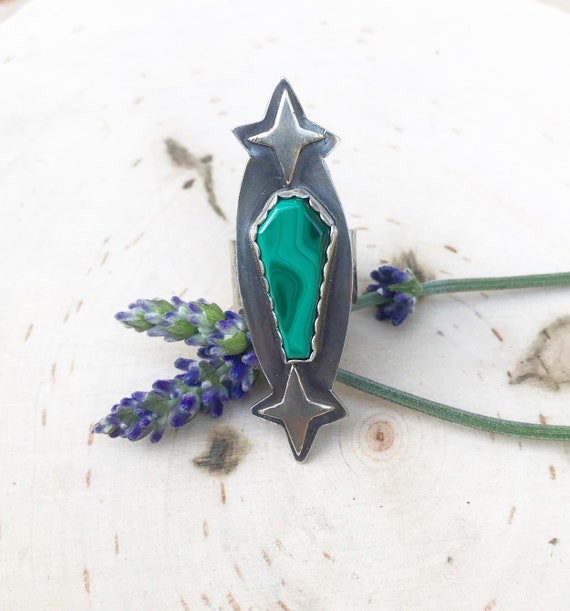 Malachite Night- Large Sterling Silver Coffin Stone Statement Ring- Malachite Stone- Size 8- Coffin Ring