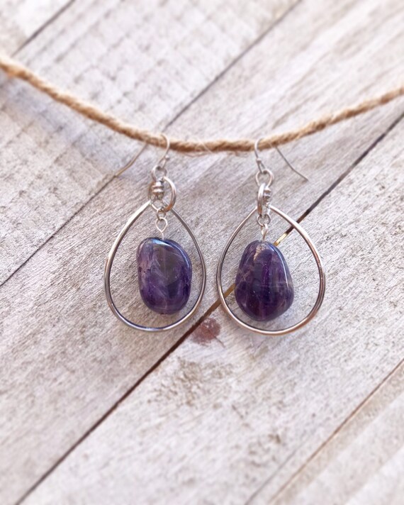 Amethyst Chunk Earrings- Amethyst Jewelry- February Birthstone- Silver Earrings
