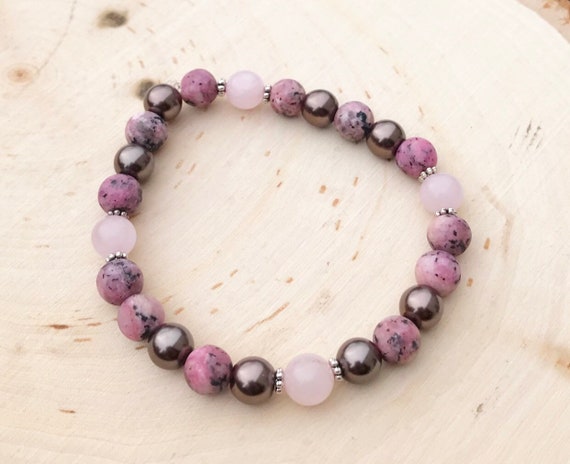 Intention Bracelet- Intention Jewelry- Black Rhodochrosite Bracelet- Rose Quartz Jewelry