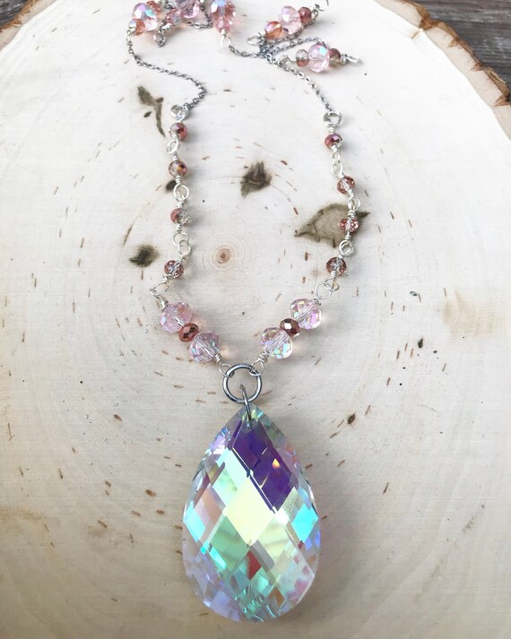 Huge Iridescent Glass Crystal Necklace- Iridescent Jewelry- Aura Crystal Necklace