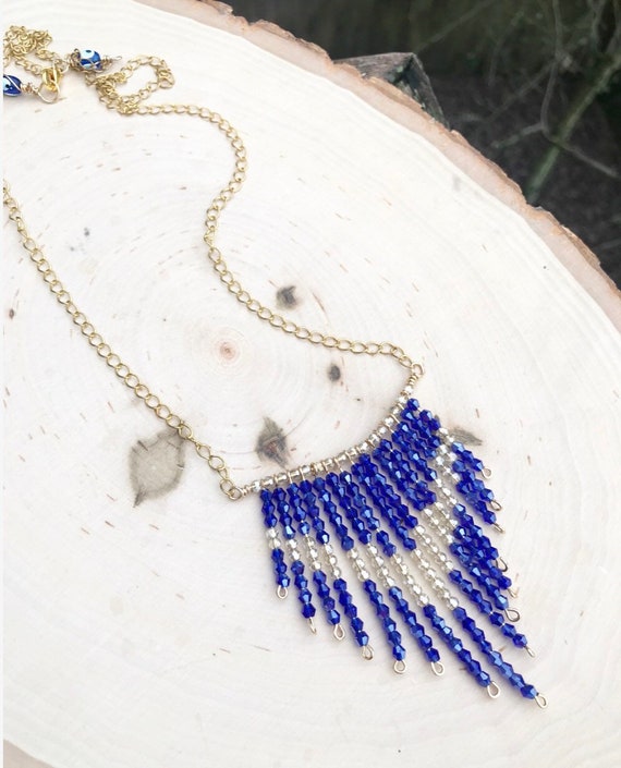 Royal Blue Beaded Chevron Necklace- Swarovski Crystals-Gold