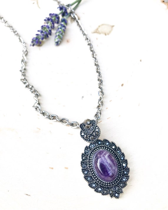 Chevron Amethyst and Marcasite Pendant- Amethyst Jewelry- February Birthstone- Amethyst Necklace