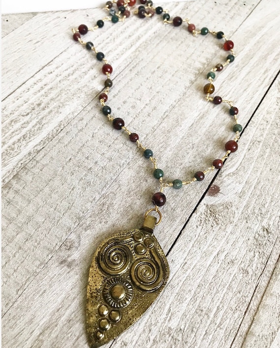 Brass Tribal Pendant Necklace- Fire Agate Necklace- Brass Necklace- Rosary Necklace- Tibetan Brass