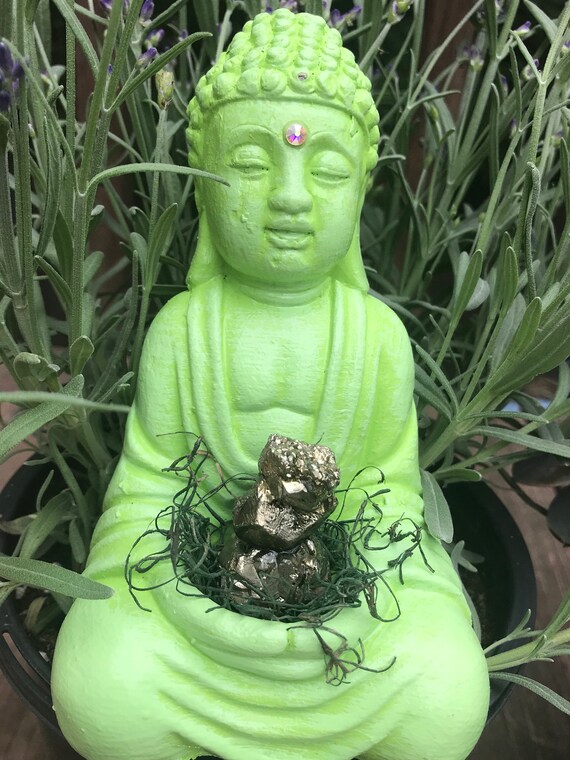 Buddha Statue- Lime Green Buddha- Home Decor- Crystal Buddha- Pyrite- Altar Buddha