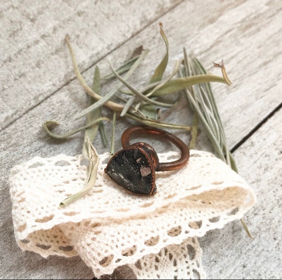 Black tourmaline in Quartz Ring- Rutilated Quartz Ring- Black Tourmaline Ring
