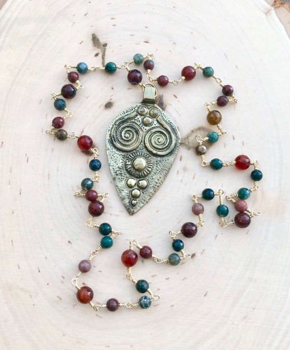 Brass Tribal Pendant Necklace- Fire Agate Necklace- Brass Necklace- Rosary Necklace