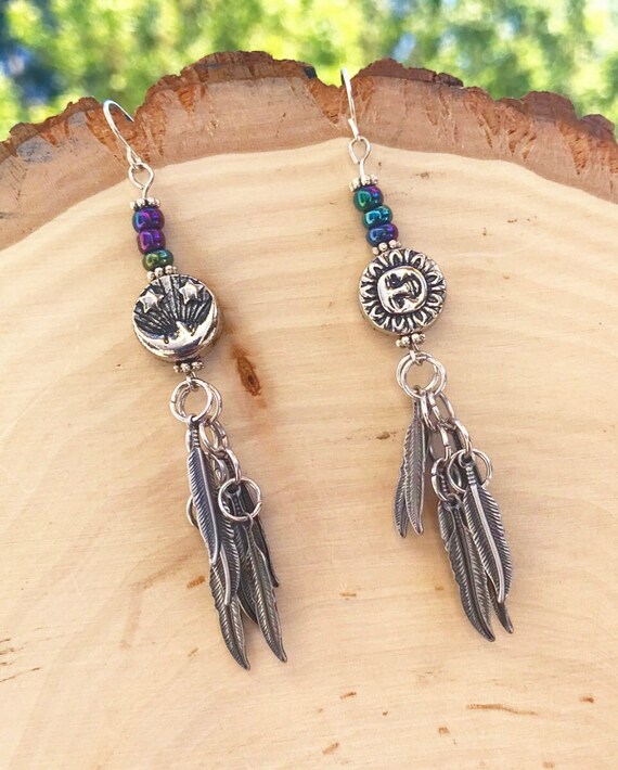 Silver Feather Drop Earrings- Sun and Moon Jewelry- Sun Earrings- Moon Earrings- Rainbow Hematite Stones