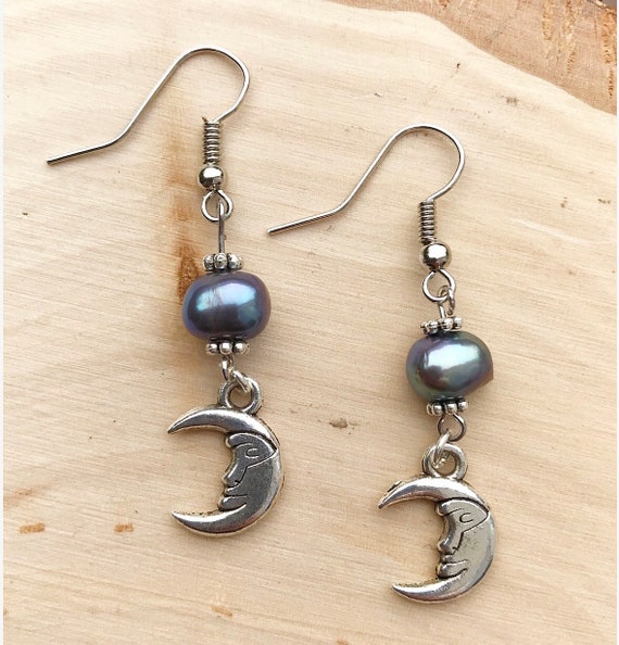 Crescent Moon Earrings- Fresh Water Pearl- Silver Moon- Peacock Pearl Earrings- Moon Jewelry