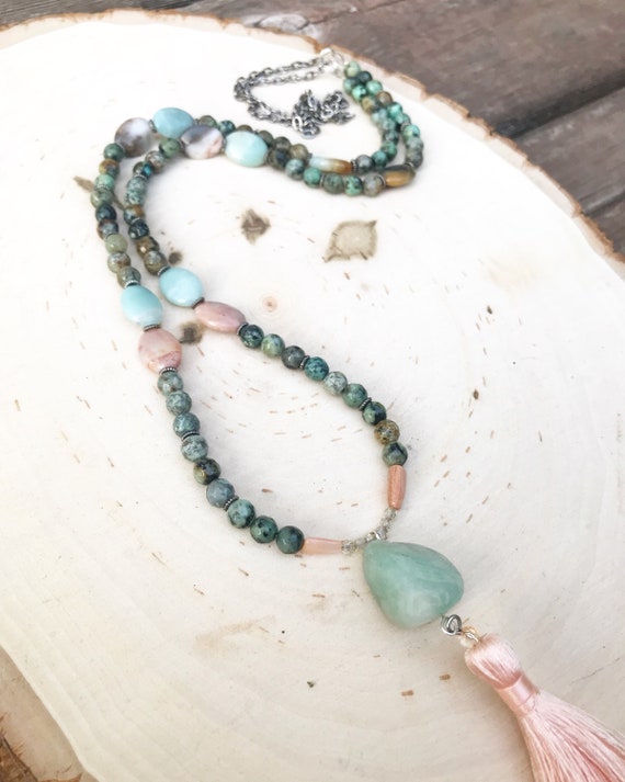 Aquamarine Tassel Necklace- Beaded Necklace- Aquamarine Necklace- Gemstone Jewelry- March Gemstone Jewelry