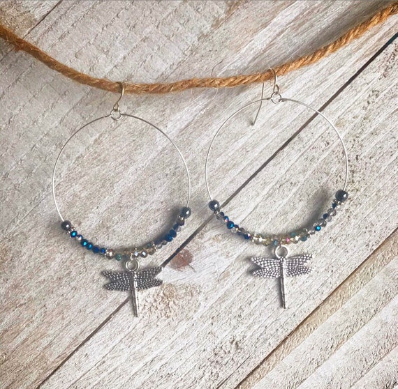 Dragonfly Jewelry- Dragonfly Earrings- Dragonfly- Hoops- Silver Hoops