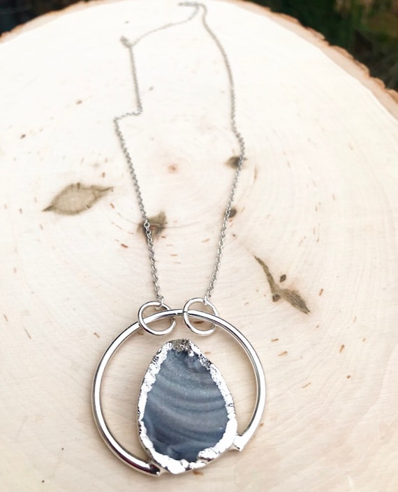 Circular Druzy Pendant- Grey Druzy Necklace- Quartz Druzy Necklace- Silver Druzy Necklace