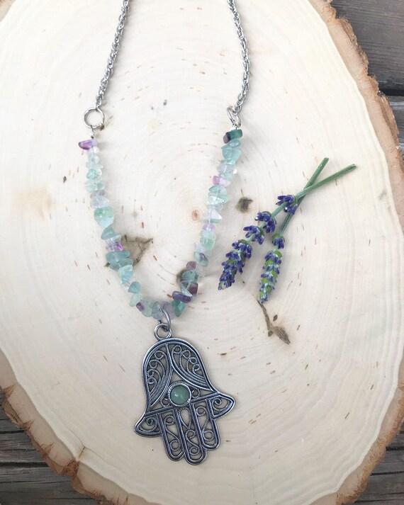 Fluorite Hamsa Necklace- Hamsa Necklace- Silver Hamsa- Fluorite Jewelry