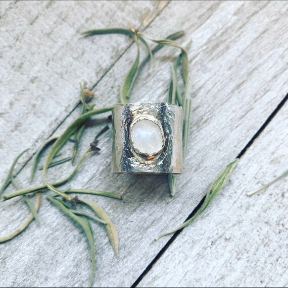 Moonstone Ring- Sterling Silver Ring- Wide band ring- Rainbow Moonstone