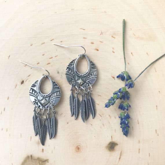 Silver Tribal Earrings- Feather Earrings- Silver Feather Jewelry