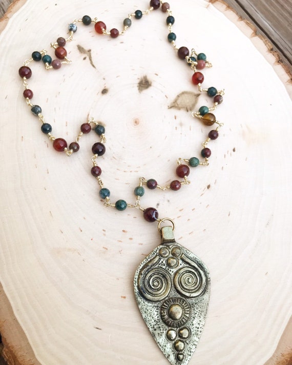 Brass Tribal Pendant Necklace- Fire Agate Necklace- Brass Necklace- Rosary Necklace