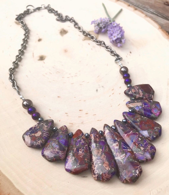 Purple Jasper and Silver Statement Necklace- Jasper Necklace- Silver Necklace