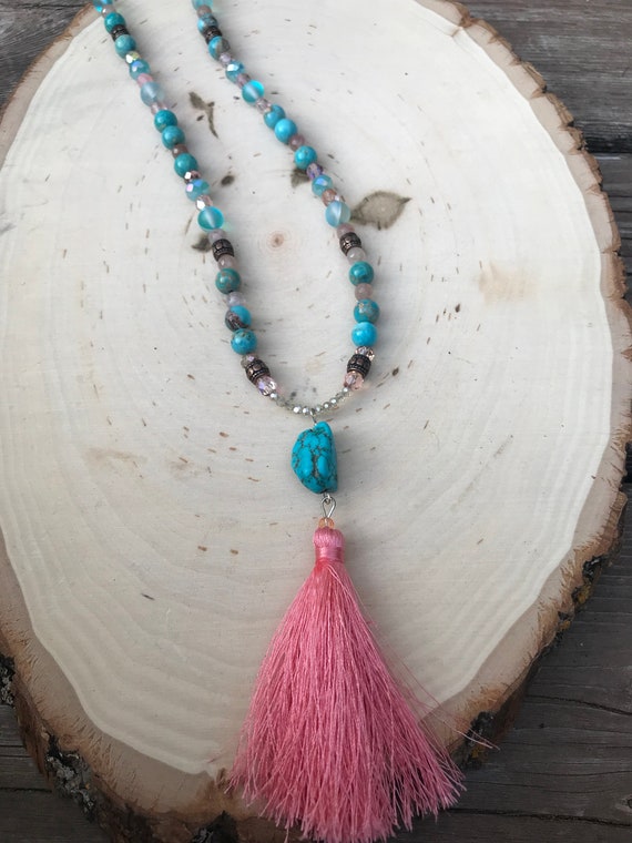Turquoise Howlite Beaded Necklace- Turquoise Jewelry- Rose Quartz Necklace- Gemstone Necklace- Jasper Necklace