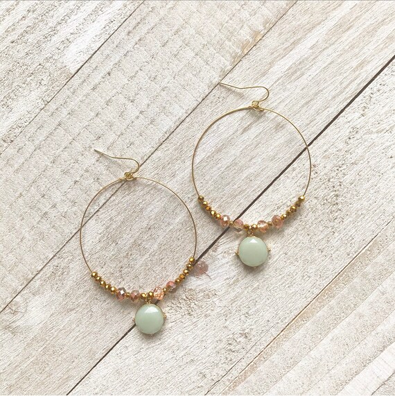 Chalcedony Earrings- Green Chalcedony- Gold Hoops- Swarovski Crystals- Hoops