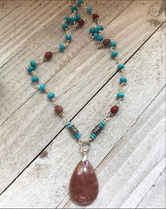 Cherry Quartz Necklace- Turquoise- Mookaite Jasper- Rosary Necklace- Wirewrapped Jewelry