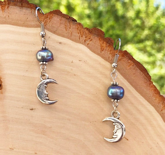 Crescent Moon Earrings- Fresh Water Pearl- Silver Moon- Peacock Pearl Earrings- Moon Jewelry