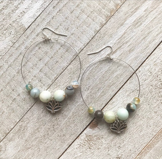 Lotus Earrings- Lotus Jewelry- Amazonite Jewelry- Silver Hoops- Hoop Earrings- Agate Jewelry